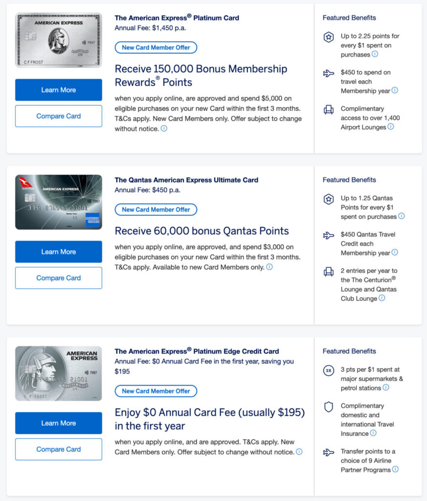 アメックスオーストラリアの個人カード一覧