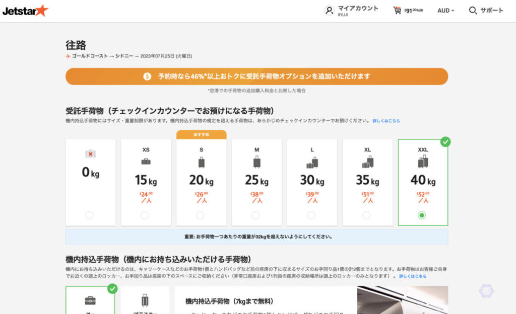 Jetstar航空券購入画面