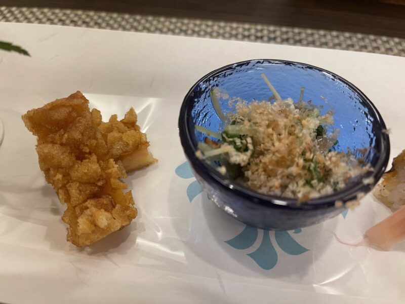 海老変わり揚げと牛肉燻製水菜お浸し