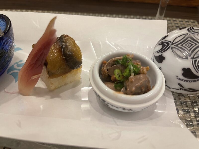 茄子小袖寿司と鶏肝諸味漬け